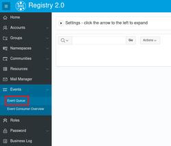 Hauptmenü der Registry, Event Queue ist markiert