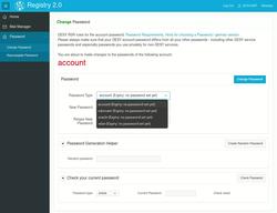 Passwort ändern Seite, Dropdown für Passwortauswahl ist offen. Hier kann man das Account-, Orace- und WLAN Passwort ändern